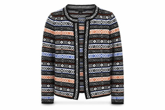 Front view of Atmosphere women’s multicoloured aztec knit open cardigan, size S