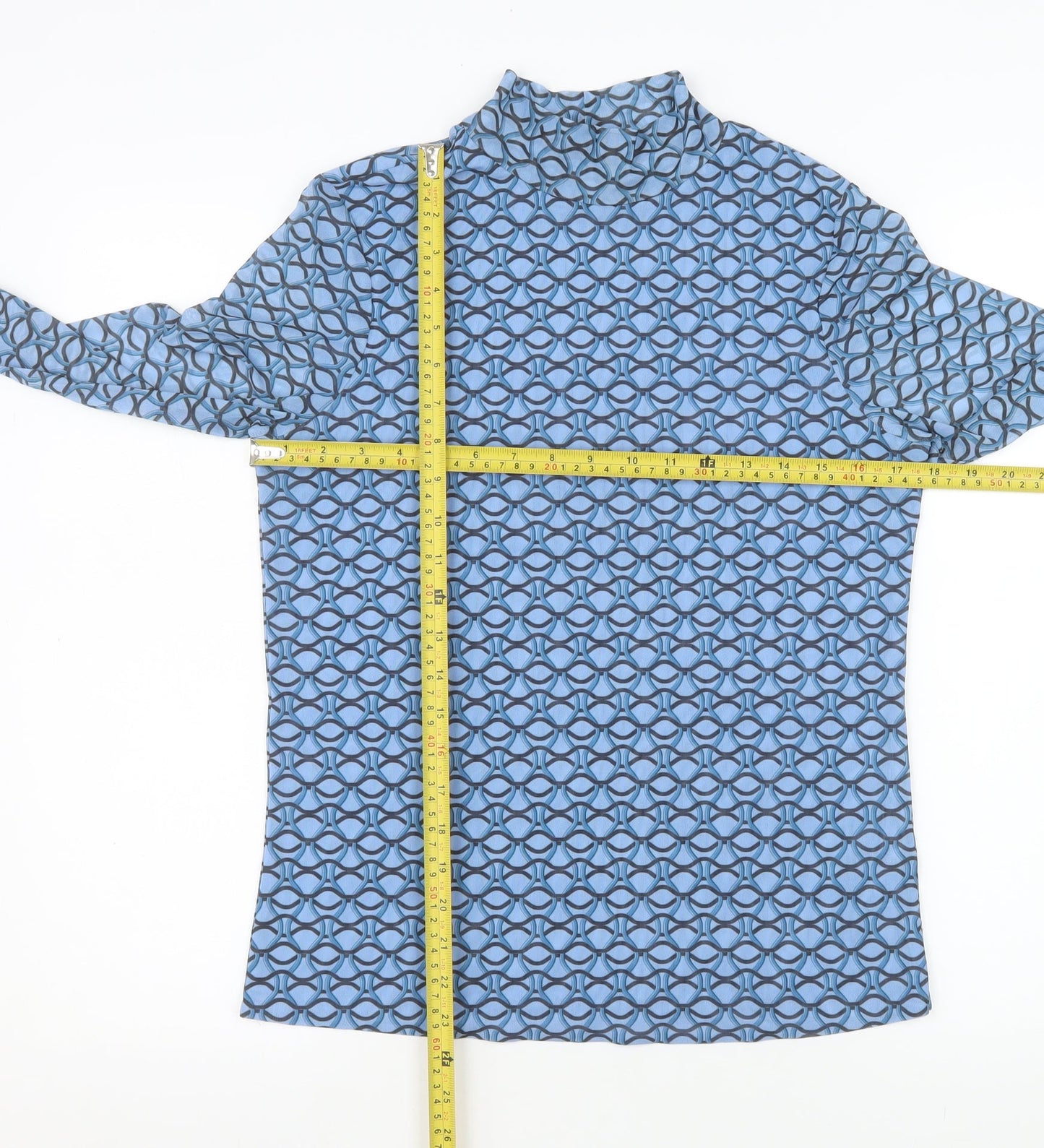 Gallery Women Blue Geometric Mock Neck Long Sleeve Mesh Top Size 14
