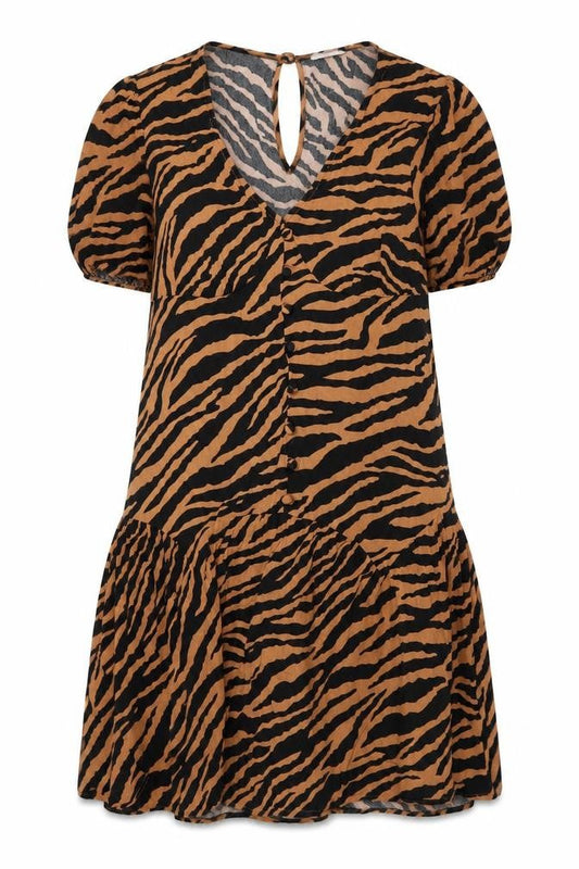 Topshop Women Brown Animal Print Short Sleeve V-Neck Shift Dress Size 14