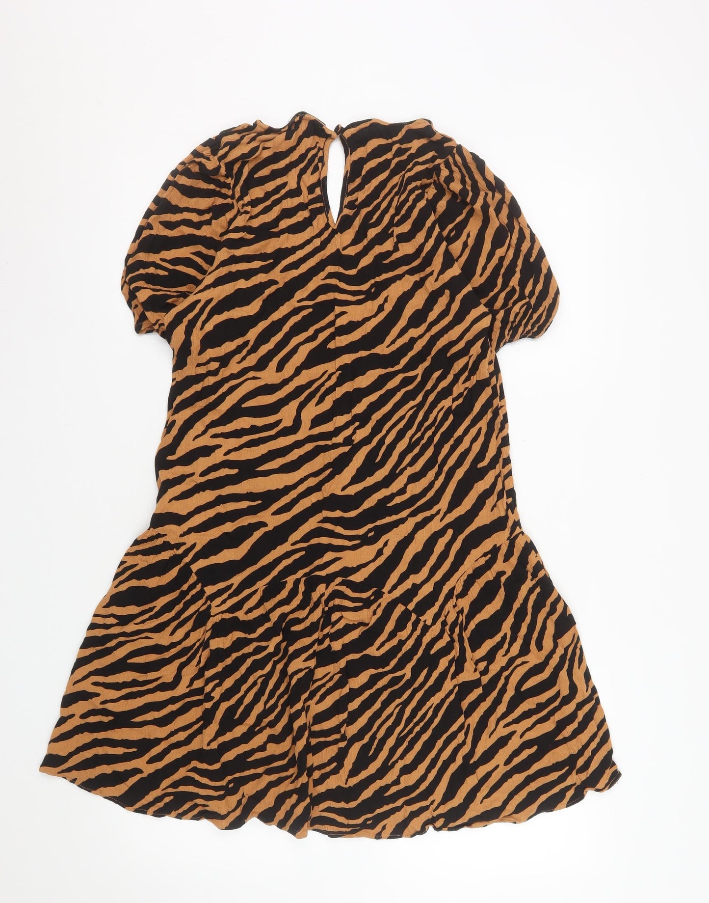 Topshop Women Brown Animal Print Short Sleeve V-Neck Shift Dress Size 14