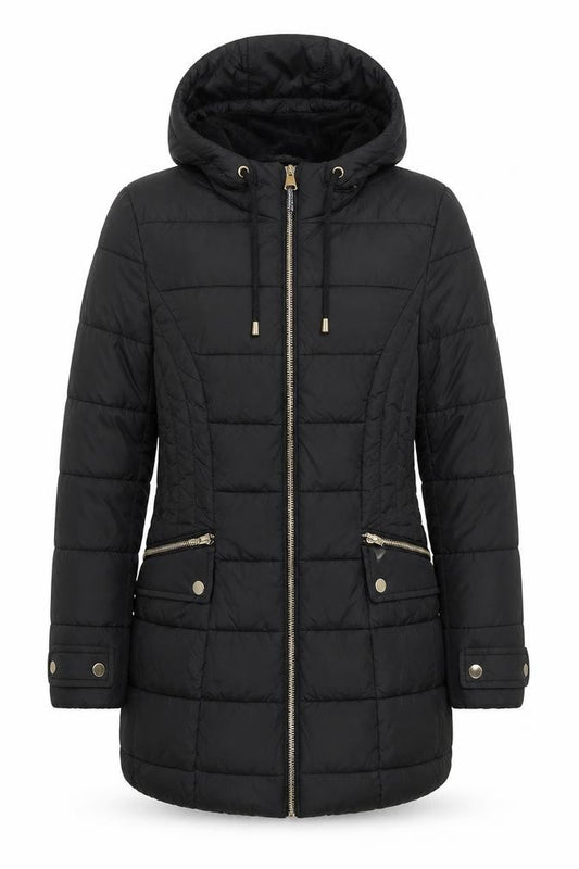 ELLE Women's Black Size 8 Hooded Puffer Jacket Mid Length