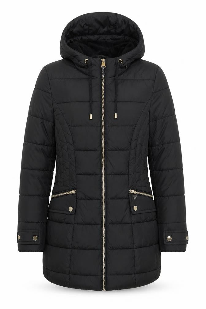 ELLE Women's Black Size 8 Hooded Puffer Jacket Mid Length