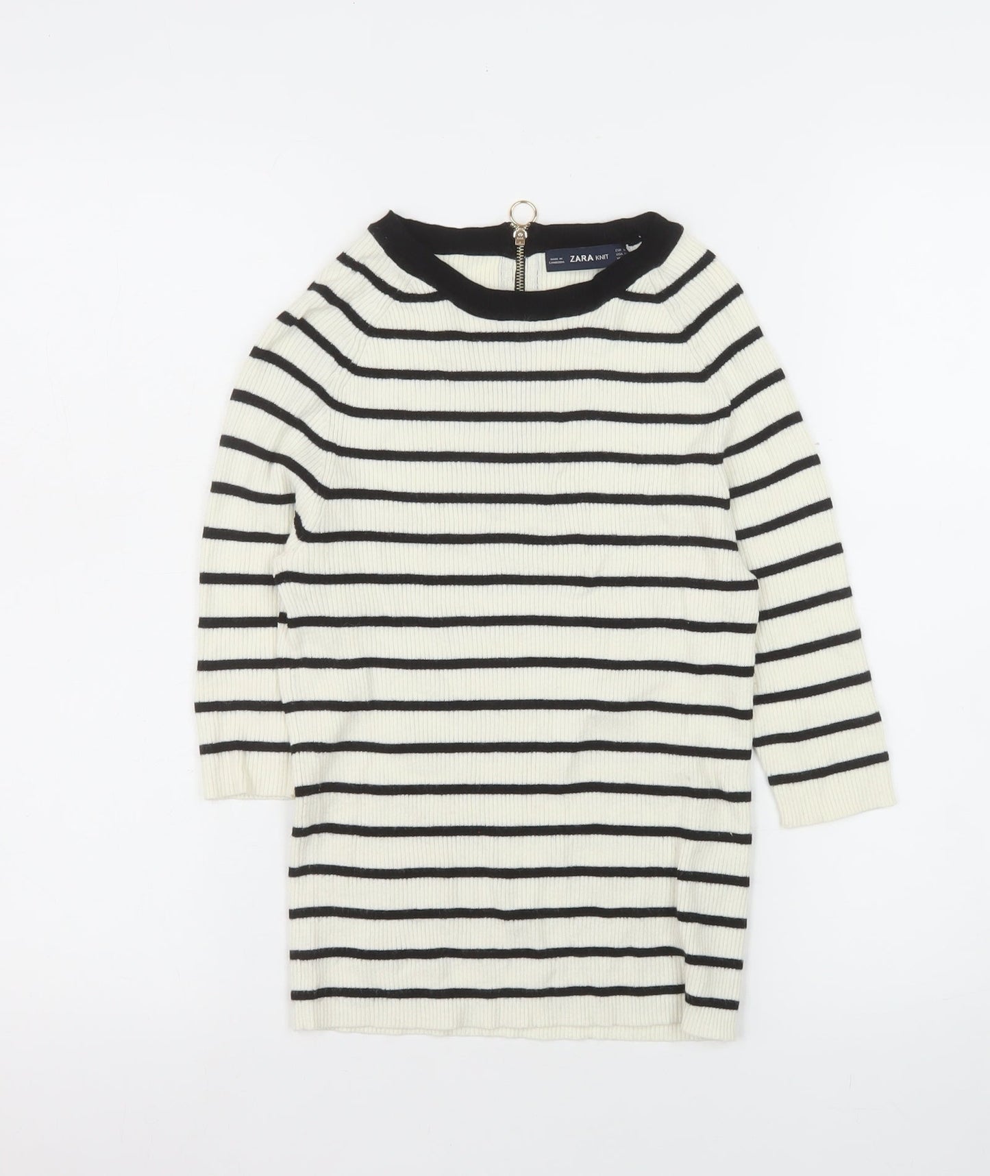 Zara Women Ivory Black Striped Knit Pullover Jumper Size M 12