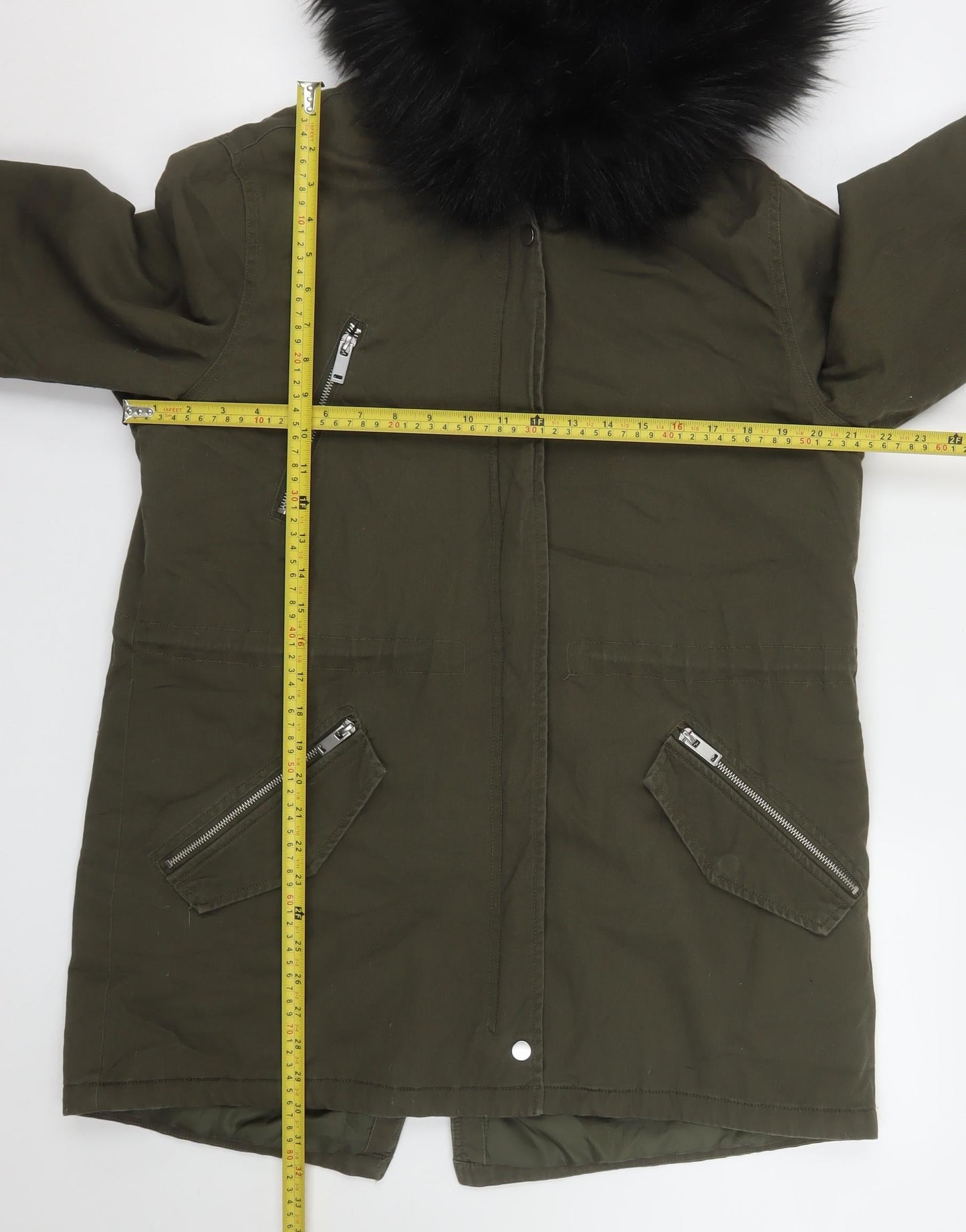New Look Women's Green Faux Fur Trim Hooded Parka Coat UK 14