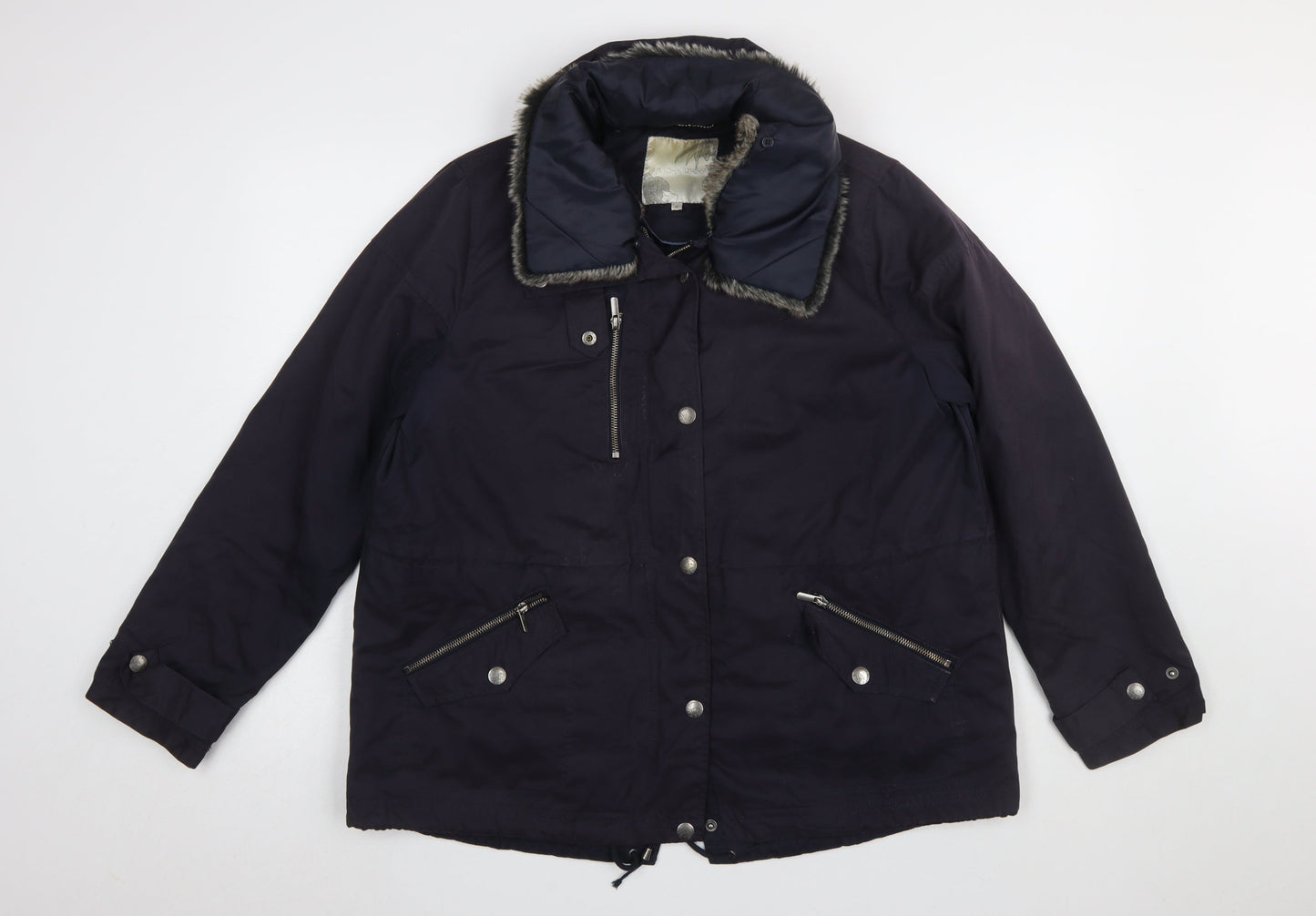 RJR John Rocha Women's Blue Parka Jacket UK 16 Fur Trim Lined Mid-Length