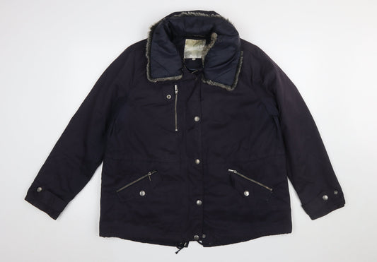 RJR John Rocha Women's Blue Parka Jacket UK 16 Fur Trim Lined Mid-Length