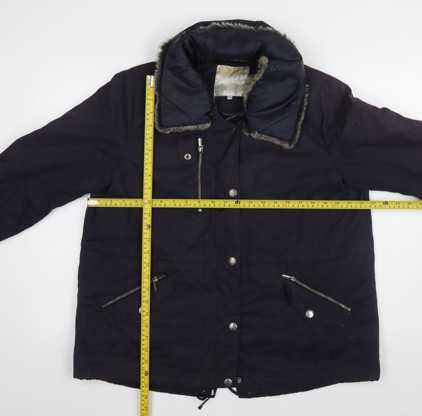 RJR John Rocha Women's Blue Parka Jacket UK 16 Fur Trim Lined Mid-Length
