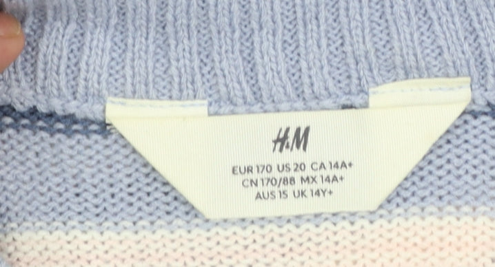 H&M Girls Blue Striped Acrylic Jumper UK 14+ Long Sleeve Crew Neck