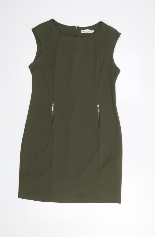 Sabrina Diamanti Women Green Sheath Knee Length Dress L Zip Accent