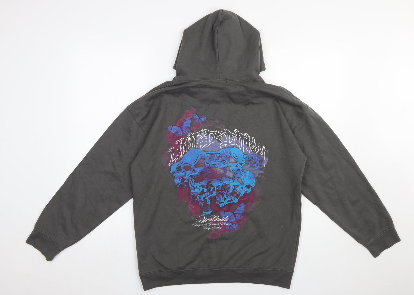boohooMAN Men's Grey Pullover Hoodie S Graphic Skull Butterfly Design