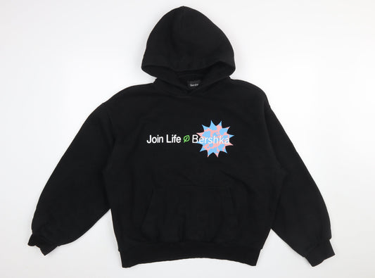Bershka Women Black Small Pullover Hoodie Join Life Graphic Cotton Blend