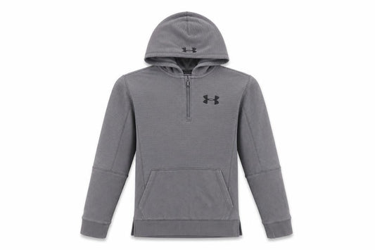 Front view of Under Armour boys’ grey half zip hoodie, size 140, coldgear cotton blend