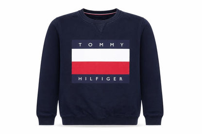 Front view of Tommy Hilfiger boys’ blue logo pullover sweatshirt 12-14 years
