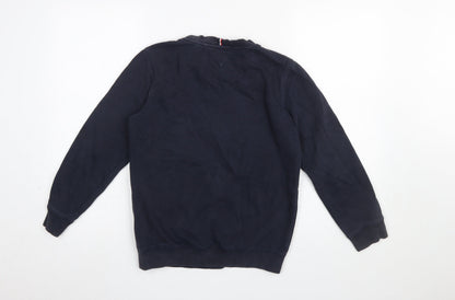 Close-up detail of Tommy Hilfiger boys’ blue logo pullover sweatshirt 12-14 years