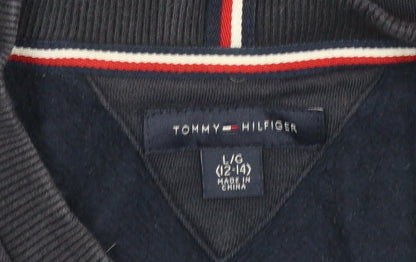 Brand and care label for Tommy Hilfiger boys’ blue logo pullover sweatshirt 12-14 years