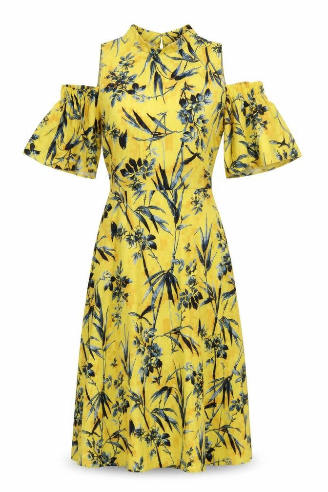 ASOS Women’s Yellow Floral Cold Shoulder Midi Dress Size 4