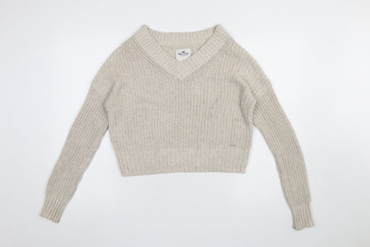 Hollister Women Beige Chunky-Knit V-Neck Pullover Jumper XS