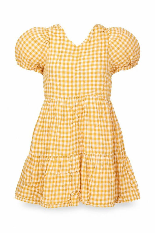 Warehouse Women Yellow Check Skater Dress Size 12 Puff Sleeve