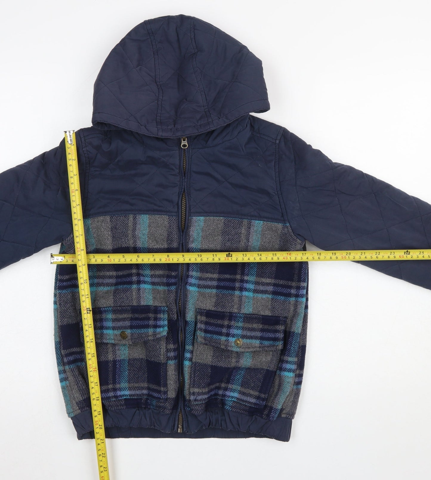 FatFace Boys Blue Quilted Checked Hooded Jacket 10-11 Years