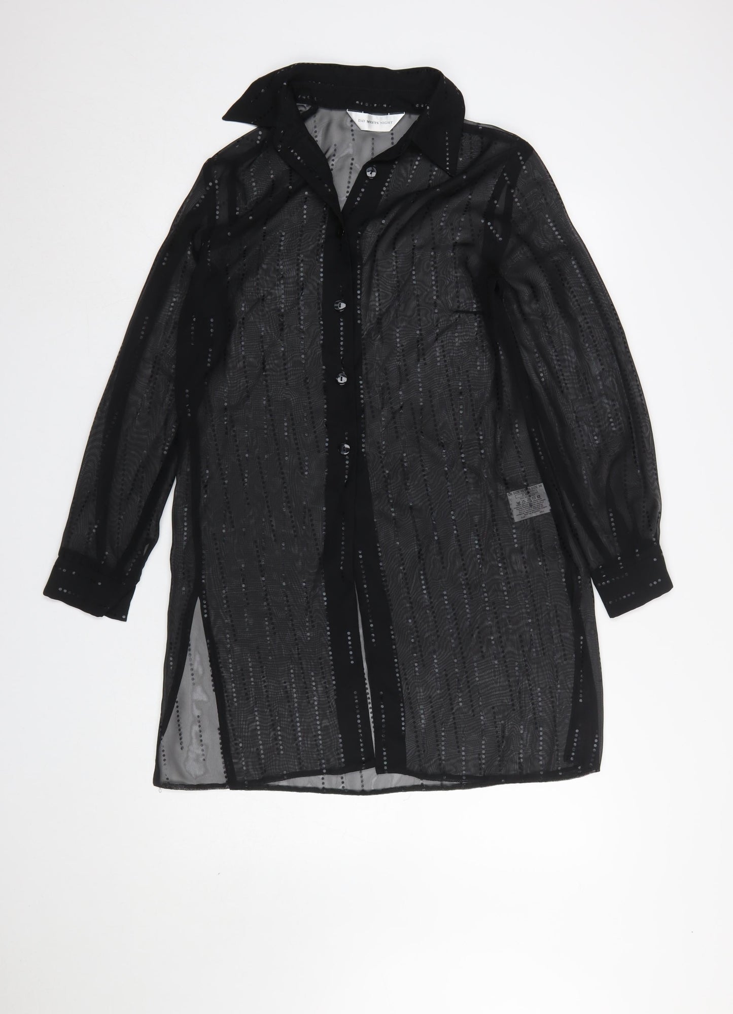 Day Meets Night Women's Black Sheer Button-Up Tunic Shirt UK 10