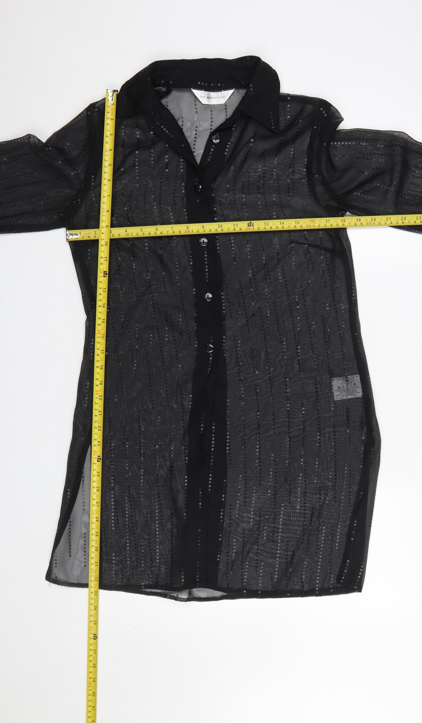 Day Meets Night Women's Black Sheer Button-Up Tunic Shirt UK 10