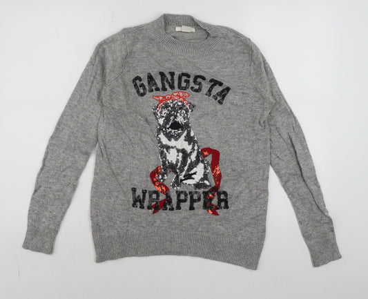 H&M Men's Grey Sequin Dog 'Gangsta Wrapper' Christmas Jumper Size S