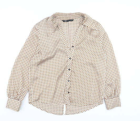 Zara Women Beige Geometric Button-Up Blouse Size S Long Sleeve