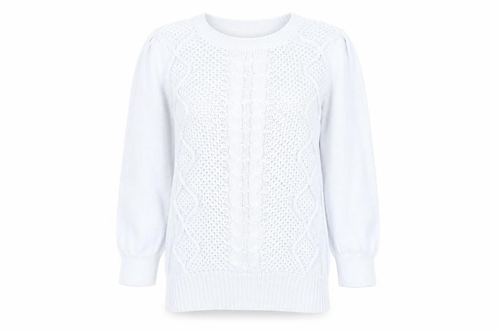 Oasis Women's White Cotton Cable-Knit 3/4 Sleeve Pullover Jumper Size S