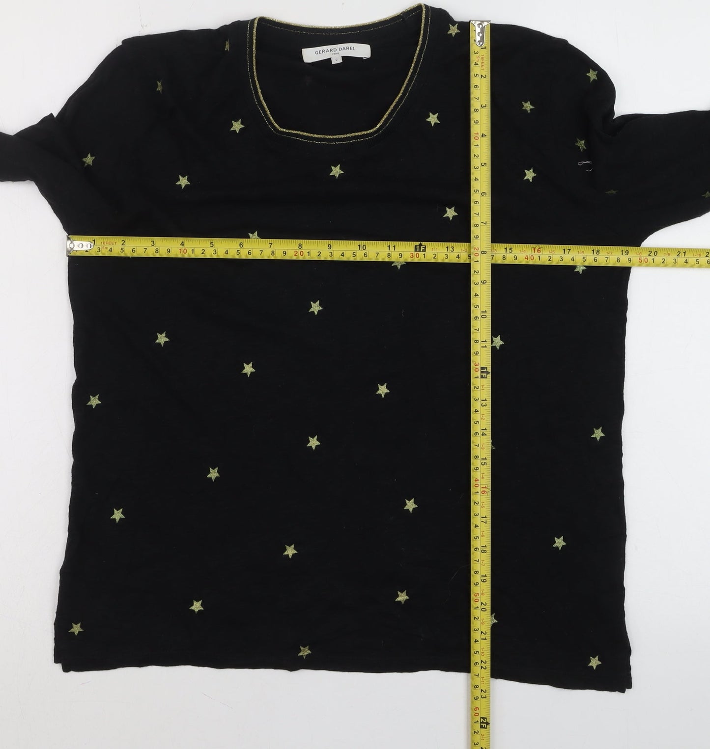 Gerard Darel Women’s Black Star Embroidered 3/4 Sleeve Cotton T-Shirt M