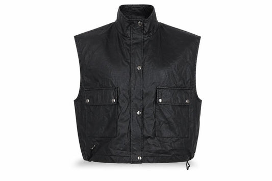 Front view of I SAW IT FIRST Women’s Black Faux Leather Biker Waistcoat, size UK 10