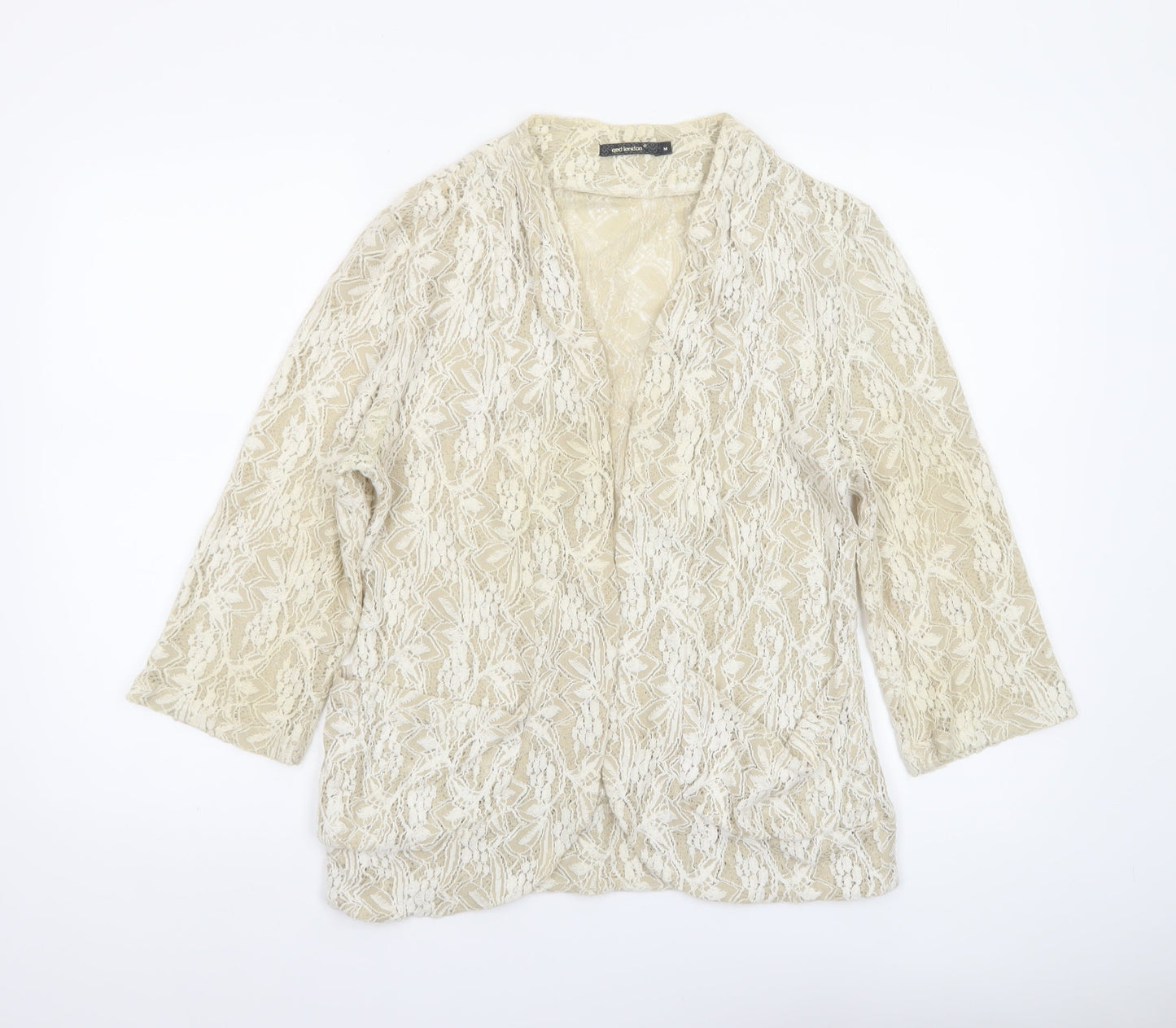 QED London Women Beige Lace 3/4 Sleeve Open Jacket Size M