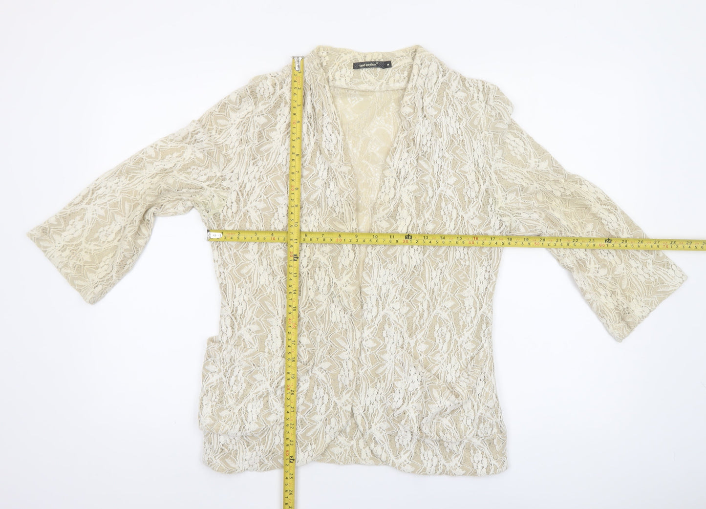 QED London Women Beige Lace 3/4 Sleeve Open Jacket Size M