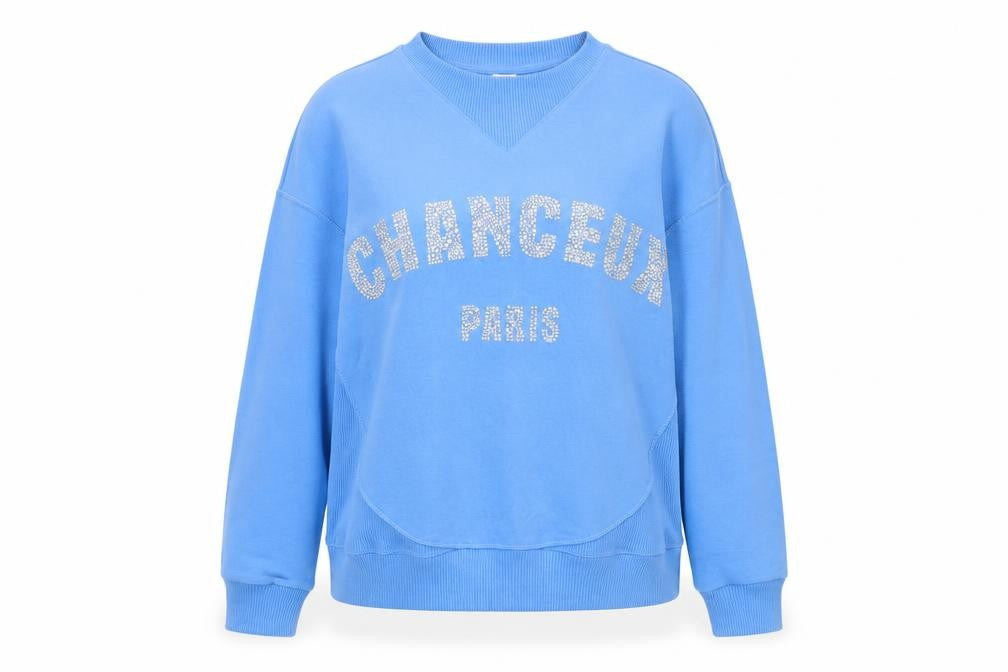River Island Women Blue Medium Pullover Sweatshirt with Rhinestone Logo