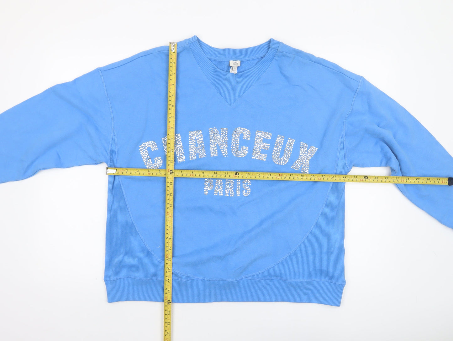 River Island Women Blue Medium Pullover Sweatshirt with Rhinestone Logo