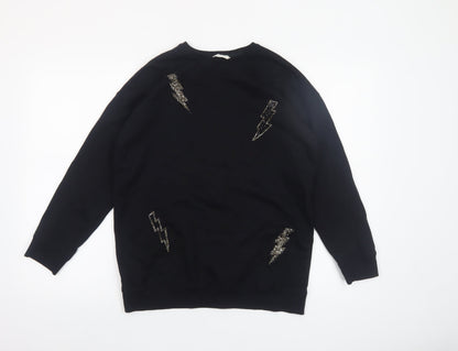 Additional front view of Mango Kids girls’ black 13-14 years lightning embroidered pullover sweatshirt