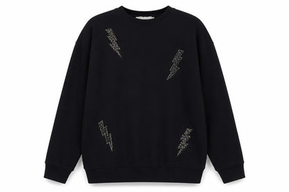 Front view of Mango Kids girls’ black 13-14 years lightning embroidered pullover sweatshirt