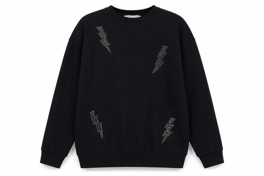 Mango Kids Girls Black 13-14 Years Lightning Embroidered Pullover Sweatshirt
