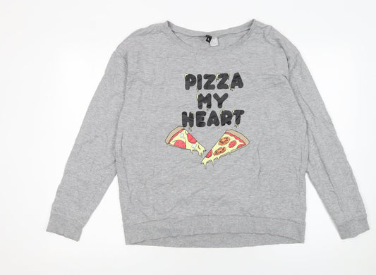 H&M Women Grey Pizza My Heart Pullover Sweatshirt L