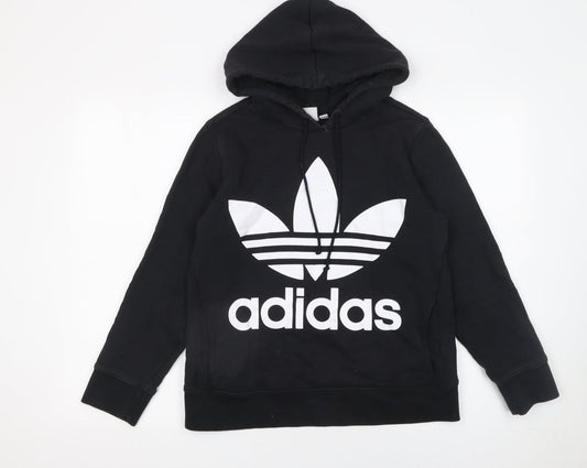Adidas Womens Black Pullover Hoodie UK 8 Cotton Logo Hooded Sweatshirt