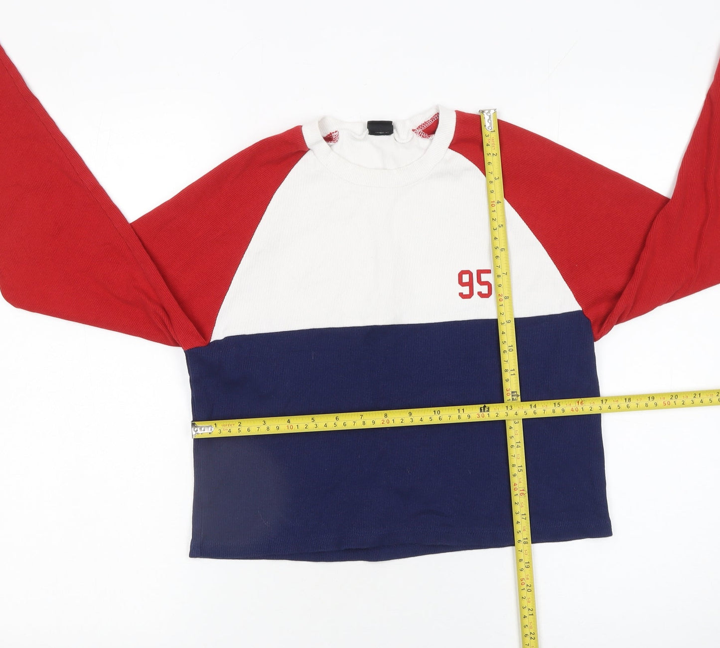 Urban Outfitters Womens Red White Blue Cropped Long Sleeve Colourblock T-Shirt Size S