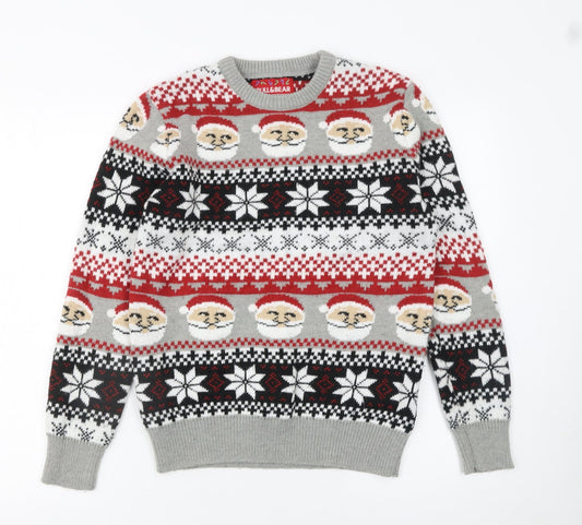 Pull&Bear Men Grey Santa Fair Isle Christmas Jumper Size S