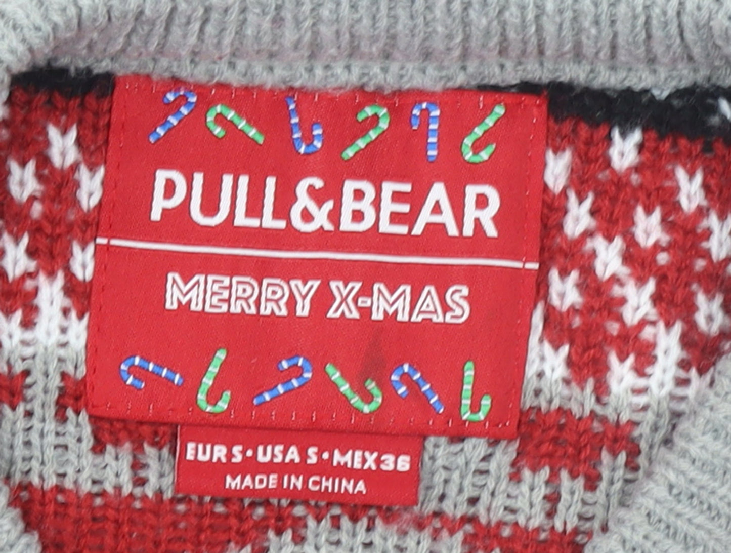 Pull&Bear Men Grey Santa Fair Isle Christmas Jumper Size S