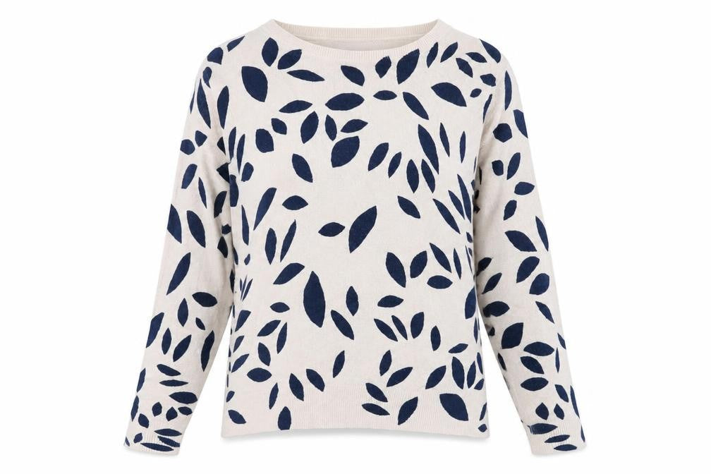 Marks & Spencer Women’s Beige Blue Leaf Knit Jumper Size 16