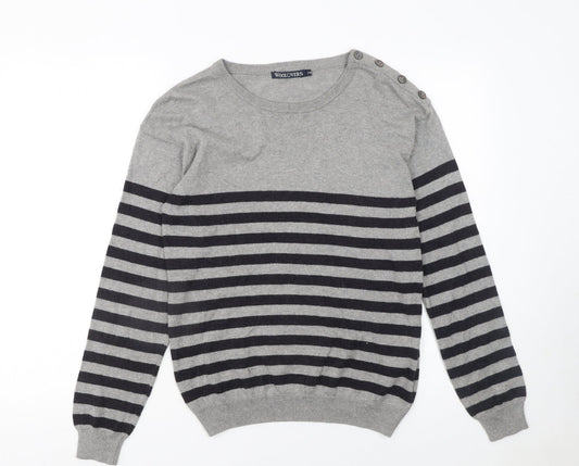 WoolOvers Womens Grey Striped Crew Neck Cotton Cashmere Jumper XS