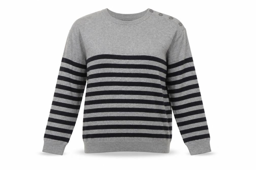 WoolOvers Womens Grey Striped Crew Neck Cotton Cashmere Jumper XS