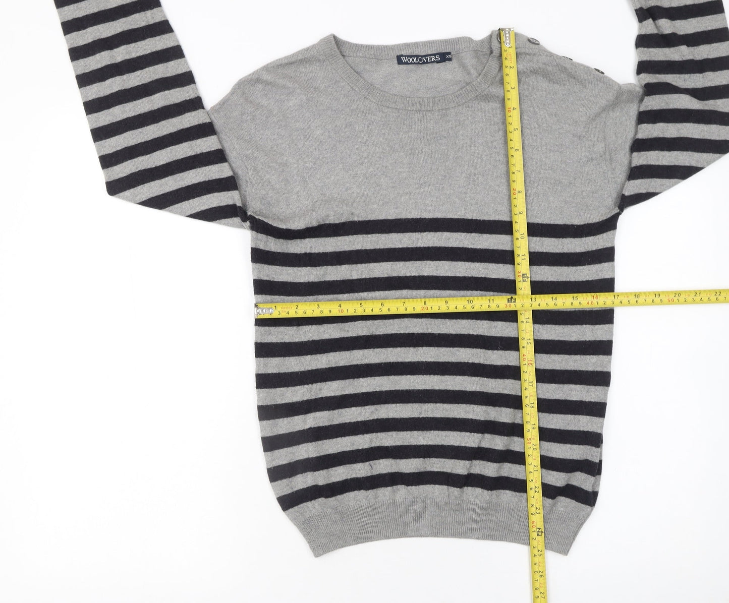 WoolOvers Womens Grey Striped Crew Neck Cotton Cashmere Jumper XS