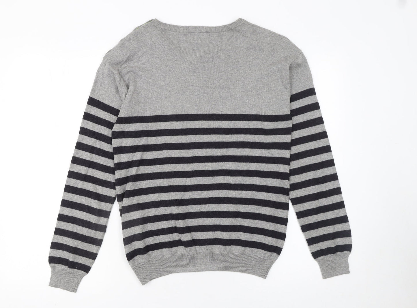 WoolOvers Womens Grey Striped Crew Neck Cotton Cashmere Jumper XS