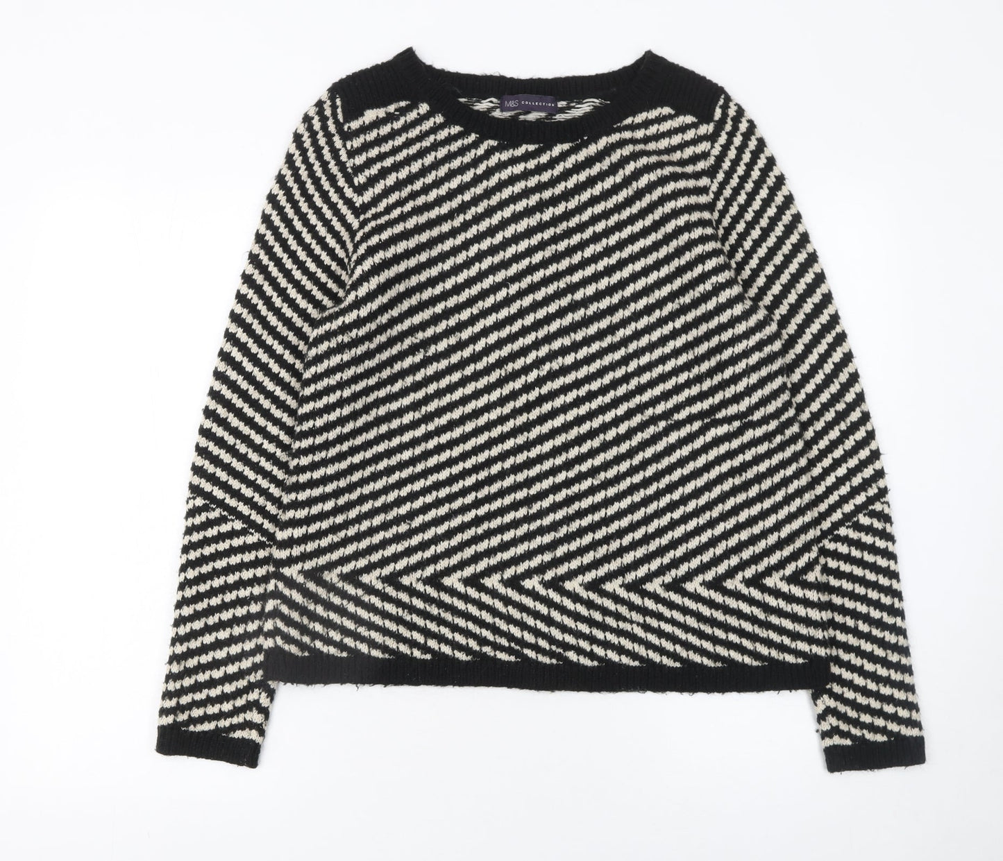 Marks and Spencer Women Black & White Striped Jumper Size 14 Mohair Blend