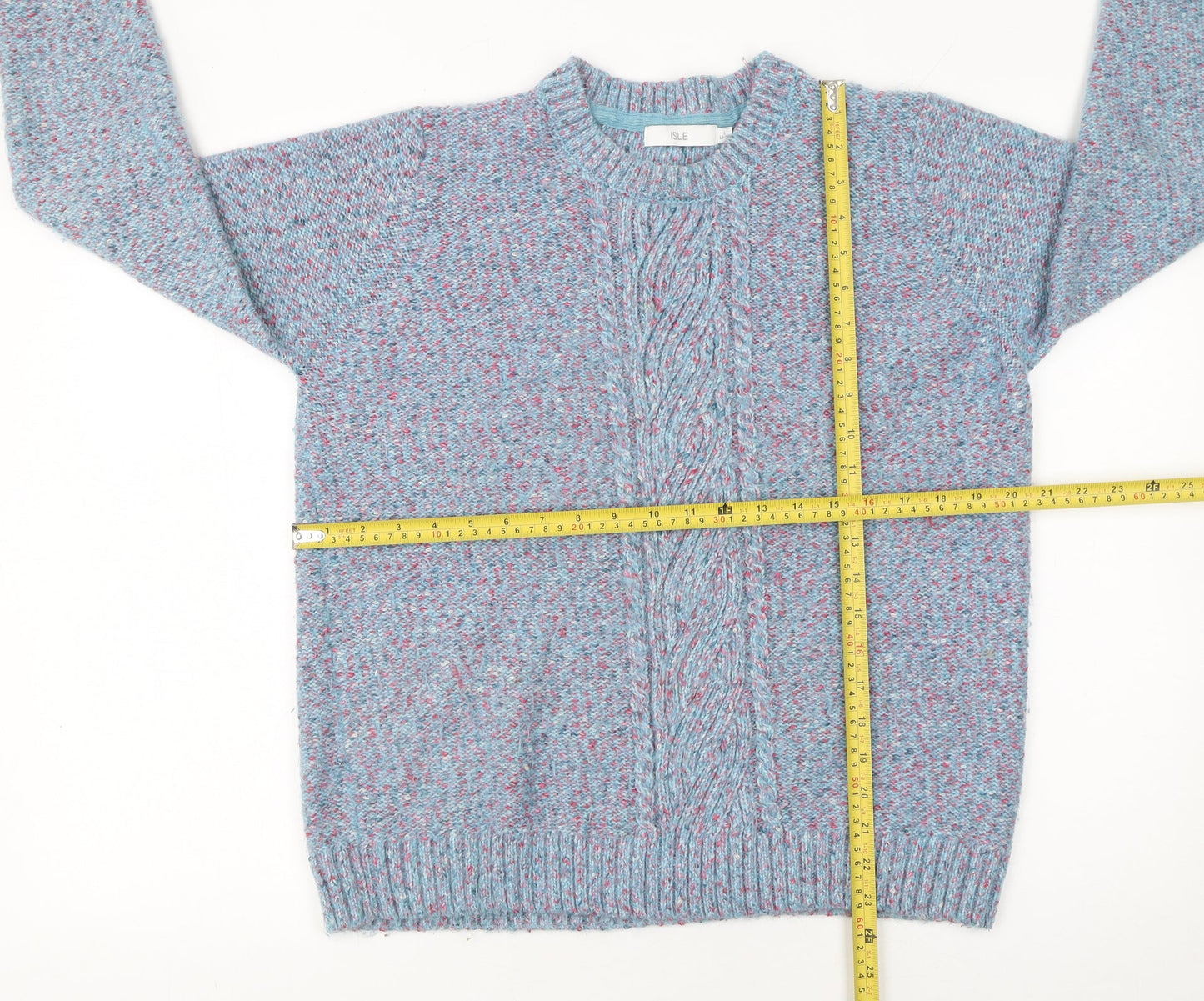 Isle Women Blue Cable Knit Crew Neck Pullover Jumper Size L 18-20