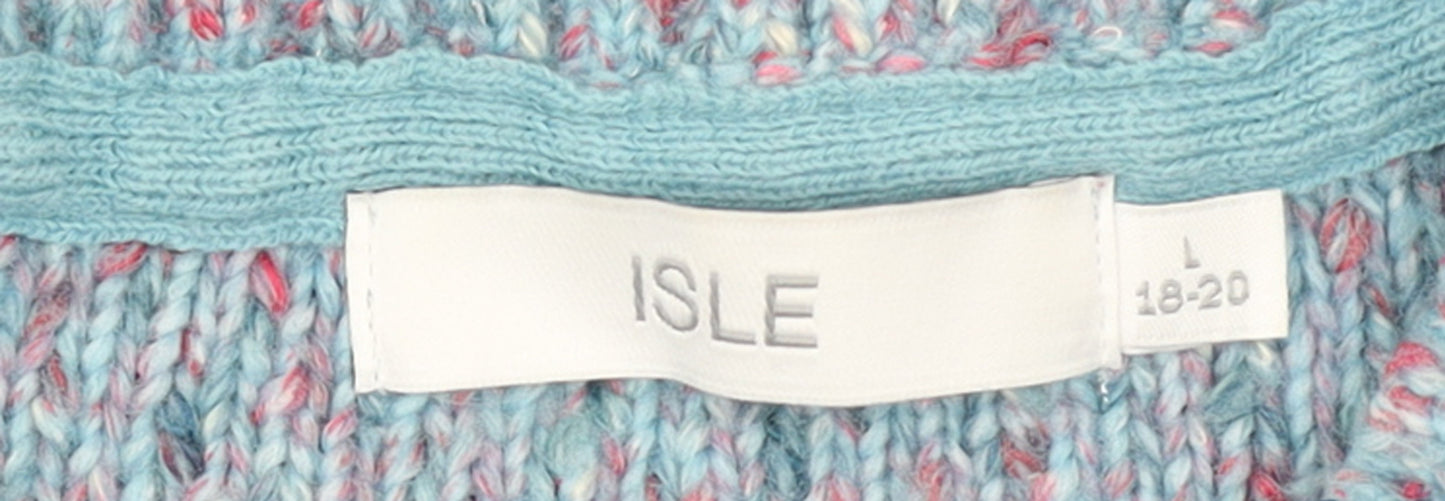 Isle Women Blue Cable Knit Crew Neck Pullover Jumper Size L 18-20